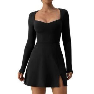 QINSEN Sweetheart Neckline Long Sleeve Side Slit Stretch Flare Mini Dress Medium